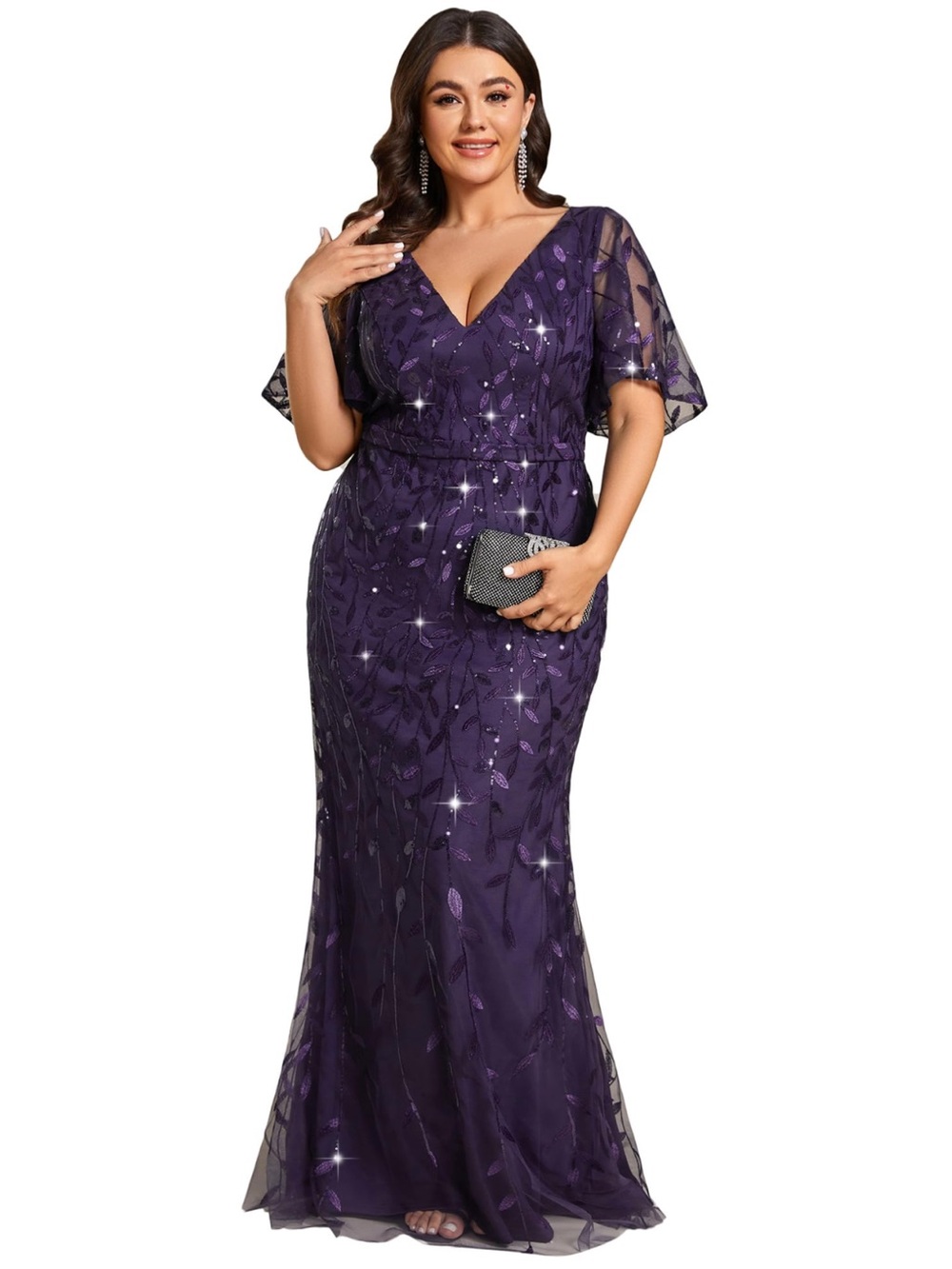 Ever Pretty Deep Purple Sequin Embroidered V-Neck Maxi Dress